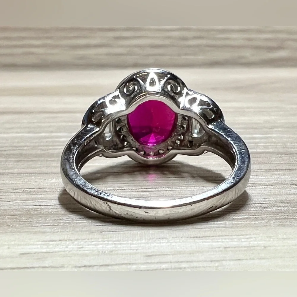 Designer Signed FE Sterling Silver Red & Clear Cubic Zirconia Halo Ring, Size 7 - Picture 4 of 11